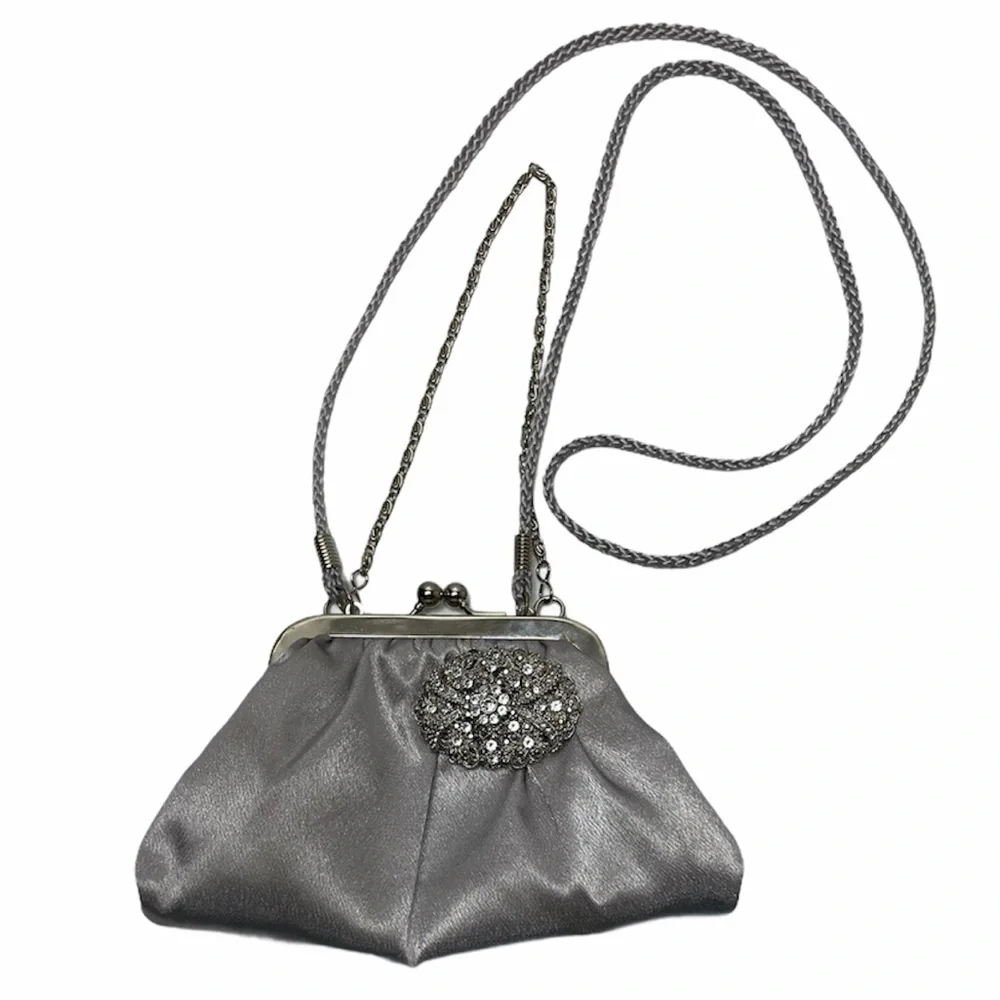 Vintage Purse Silver Rhinestone Jewel Embellished Button Silver Chain Handle Y2K